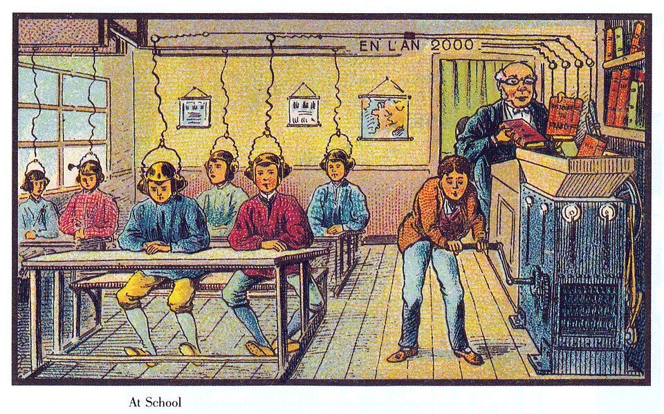 En l'an 2000: a teacher feeds books into a machine that wires knowledge into pupils' heads