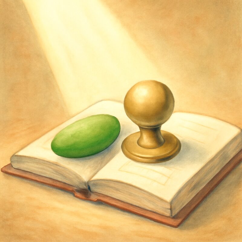 Panel 1 — a beam of light, a brass door knob on a book, and a bean. Pegs knob (29), book (97), bean (92).