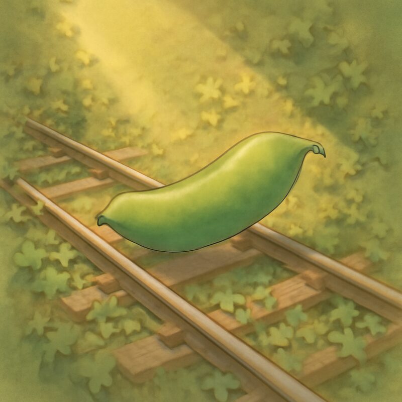 Panel 2 — a bean on an ivy-covered railway. Pegs railway (45), ivy (8).