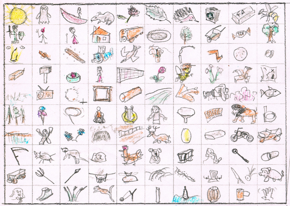 Hand-drawn 10x10 grid of peg images for 00-99